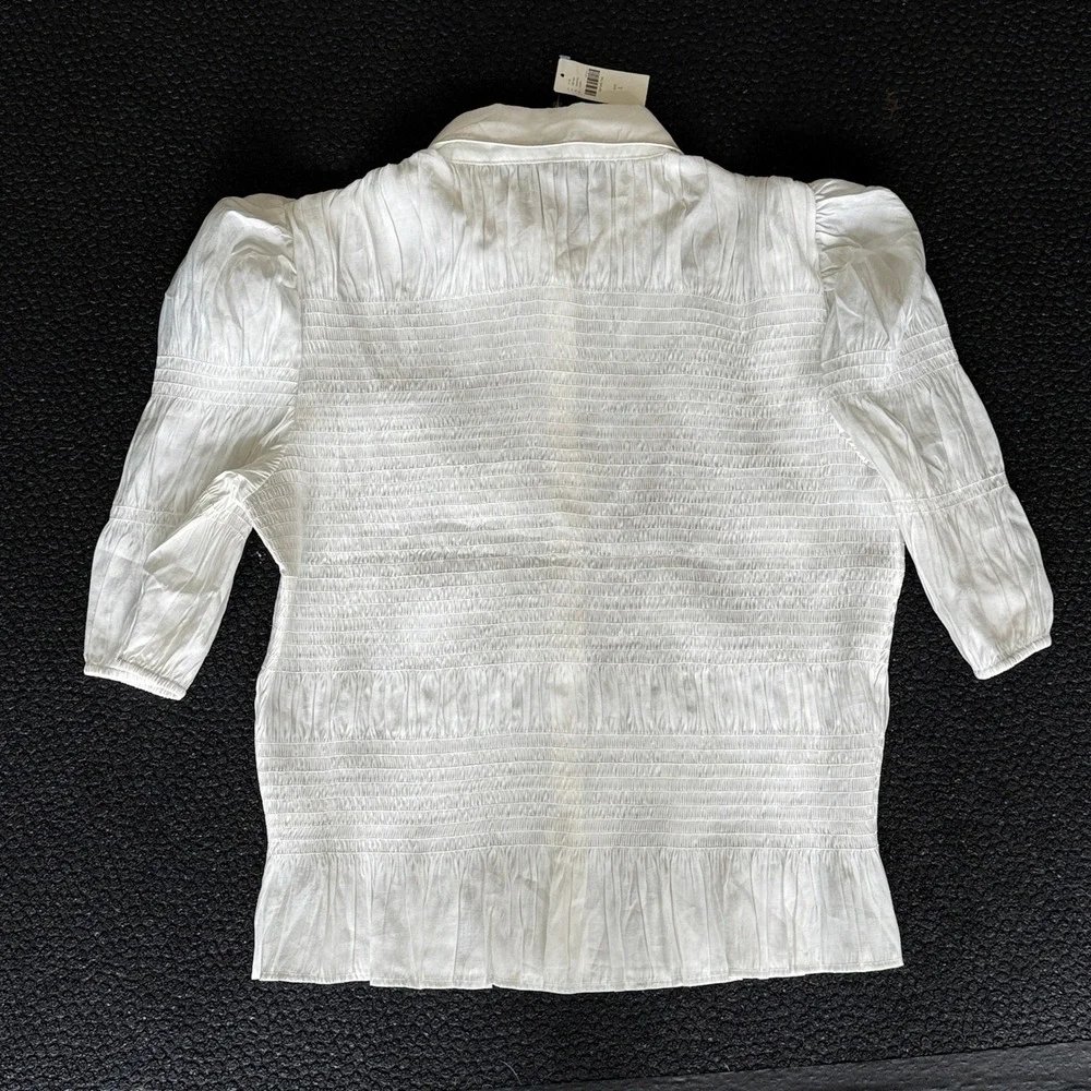 Anthropologie Smocked Puff Sleeve Blouse Womens Large Ivory Ruffle Romantic Boho